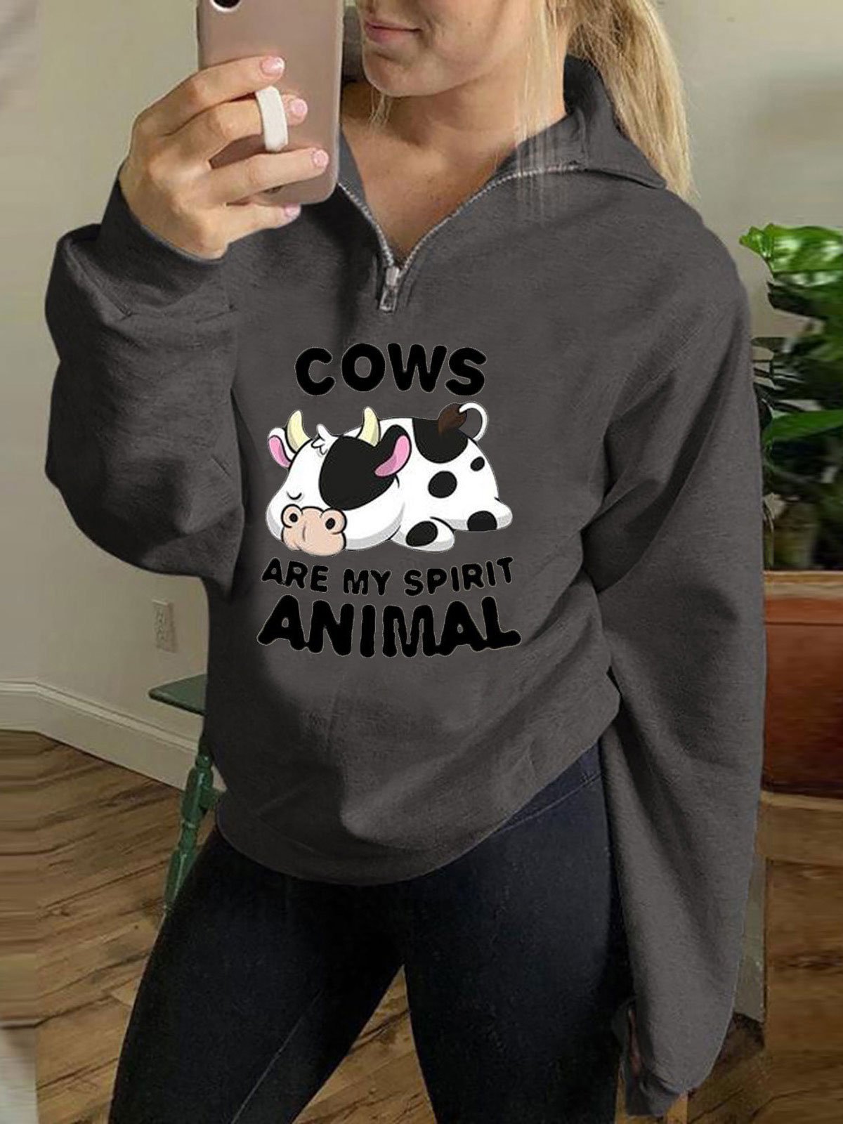 Women's Hoodies Cow Letter Printed Zipper Long Sleeve Hoody - LuckyFash™
