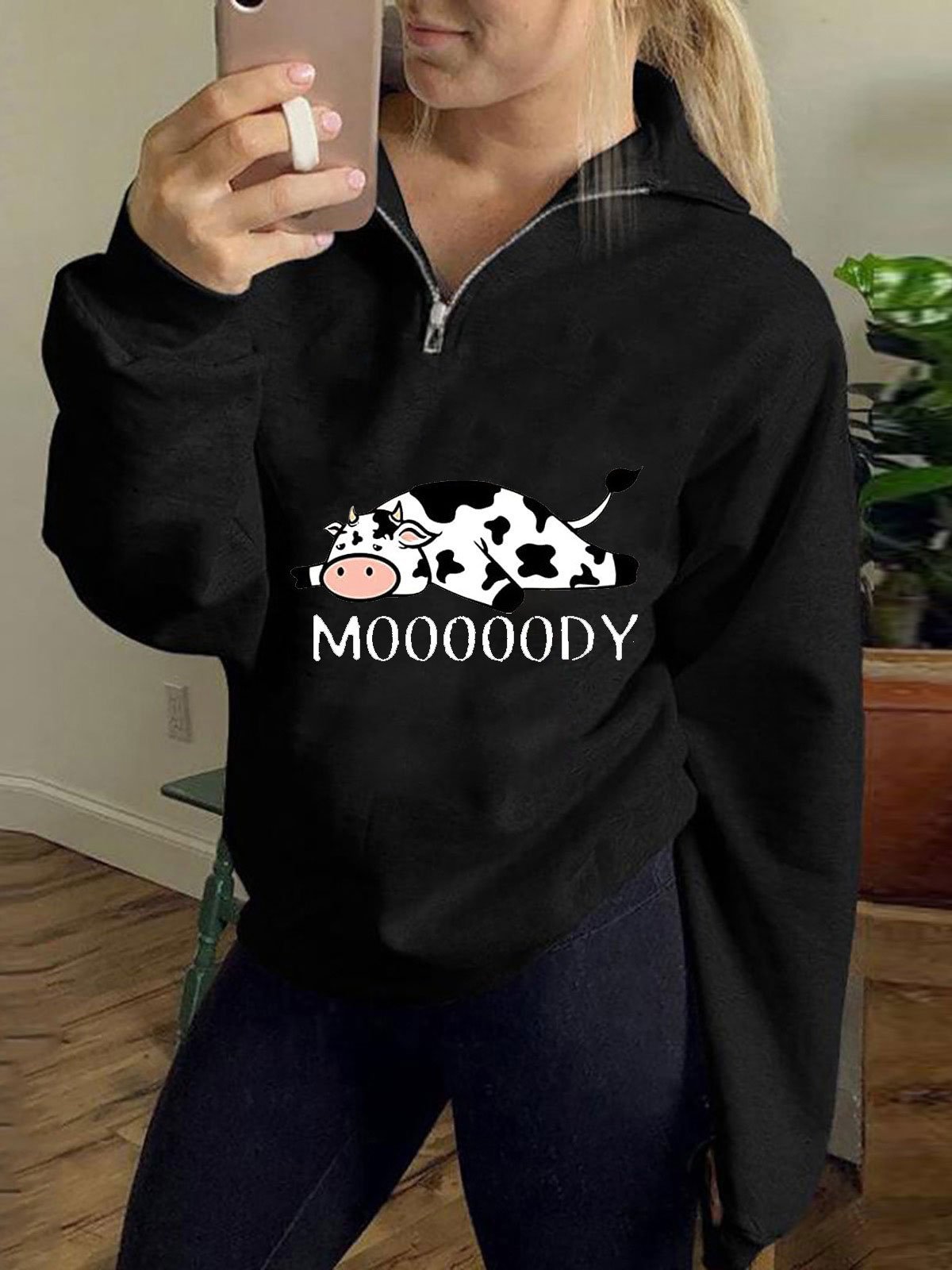 Women's Hoodies Cow Letter Printed Zipper Long Sleeve Hoody - LuckyFash™