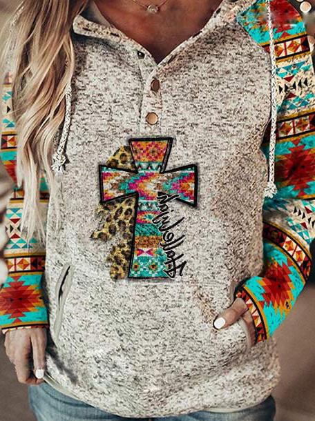 Women's Hoodies Cross Vintage Print Button Pocket Hoodie - LuckyFash™
