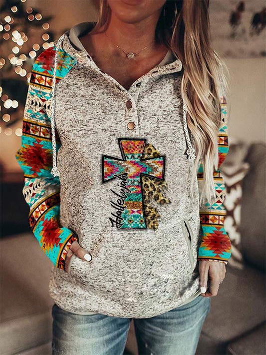 Women's Hoodies Cross Vintage Print Button Pocket Hoodie - LuckyFash™