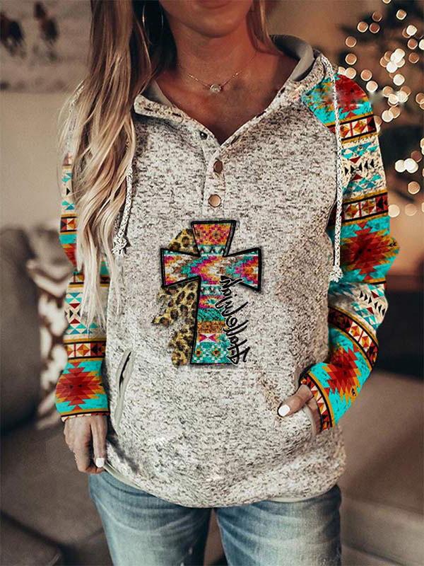 Women's Hoodies Cross Vintage Print Button Pocket Hoodie - LuckyFash™