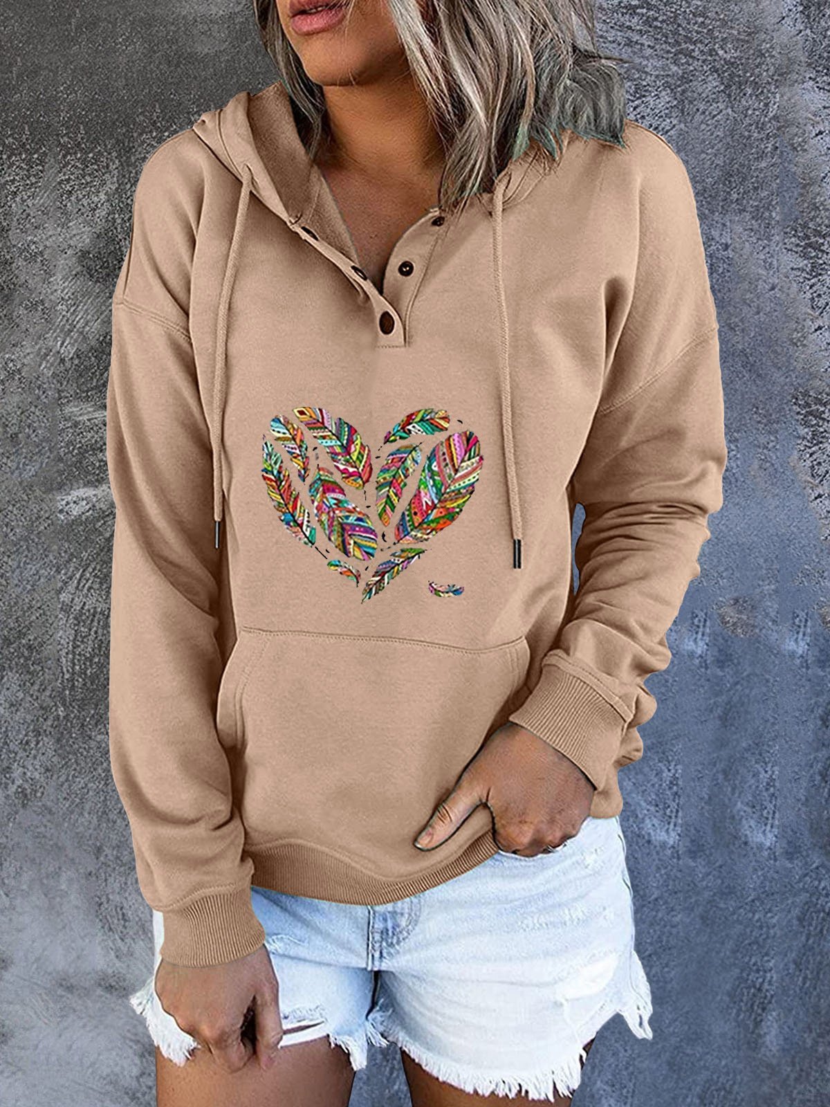 Women's Hoodies Feather Heart Drawstring Pocket Long Sleeve Hoody - LuckyFash™