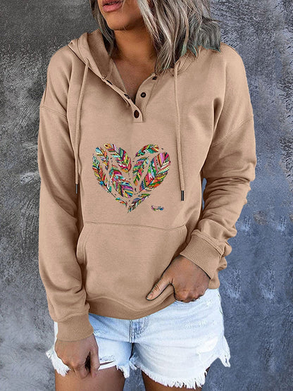Women's Hoodies Feather Heart Drawstring Pocket Long Sleeve Hoody - LuckyFash™