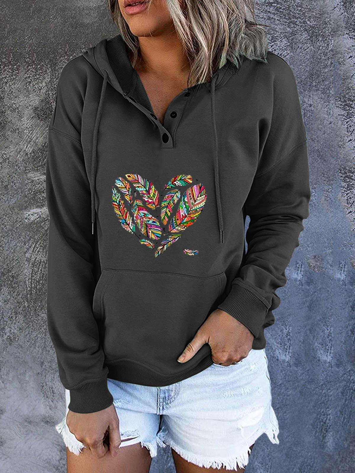 Women's Hoodies Feather Heart Drawstring Pocket Long Sleeve Hoody - LuckyFash™