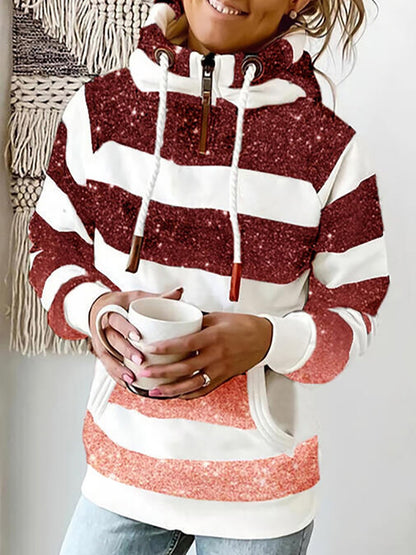 Women's Hoodies Gradient Stripe Print Zipper High Collar Pocket Hoodie - LuckyFash™