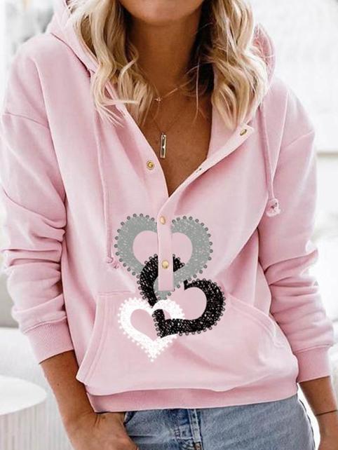 Women's Hoodies Heart Button Drawstring Long Sleeve Hoodie - LuckyFash™