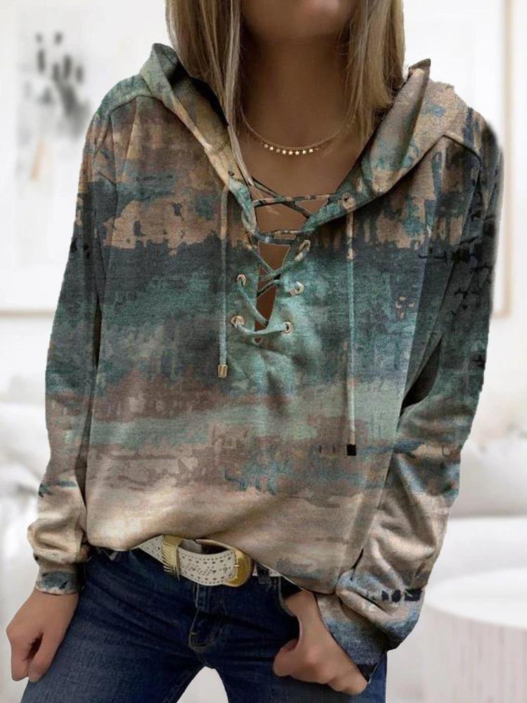 Women's Hoodies Ink Print Long Sleeve Cross-Tie Hoody - LuckyFash™