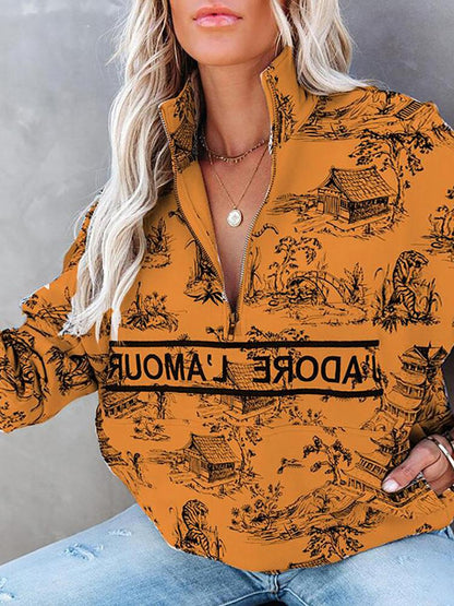 Hoodies Landscape Letter Zipper Long Sleeve Hoodie - LuckyFash™