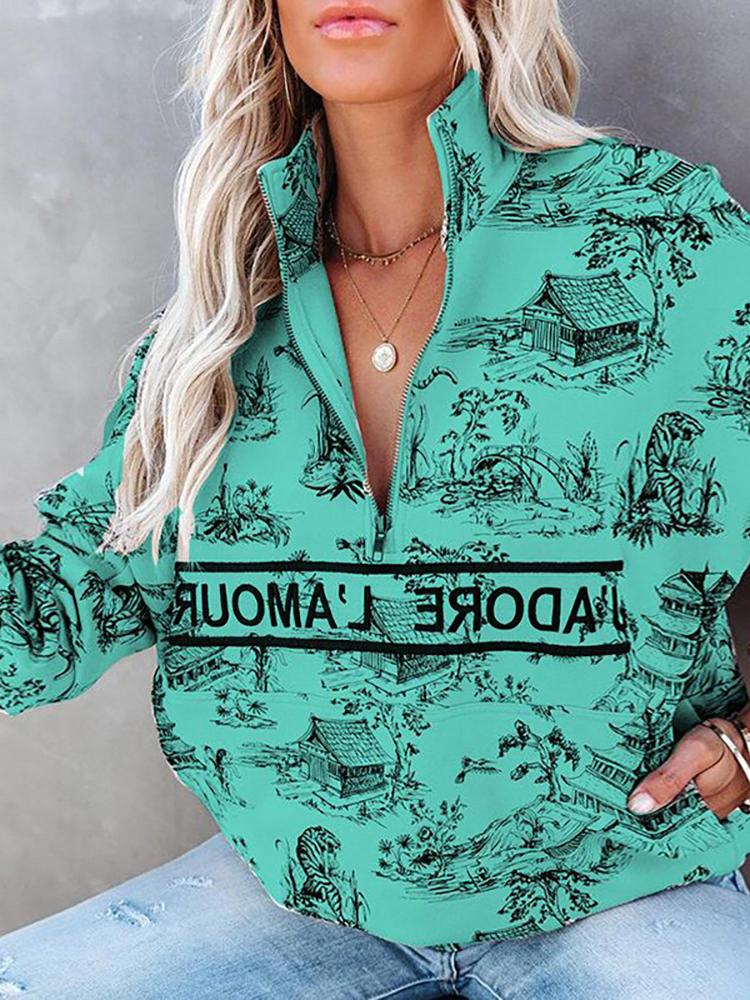 Hoodies Landscape Letter Zipper Long Sleeve Hoodie - LuckyFash™