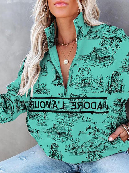 Hoodies Landscape Letter Zipper Long Sleeve Hoodie - LuckyFash™