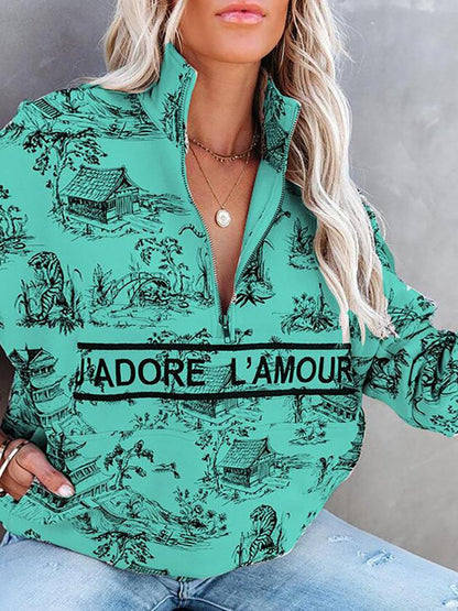 Hoodies Landscape Letter Zipper Long Sleeve Hoodie - LuckyFash™