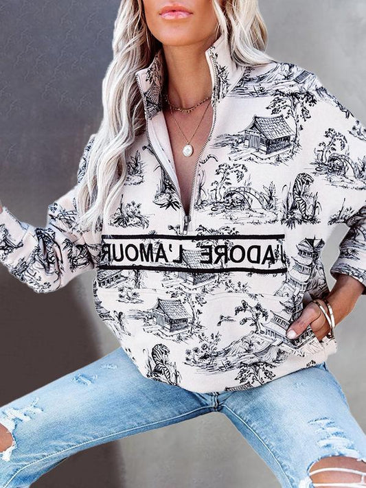 Hoodies Landscape Letter Zipper Long Sleeve Hoodie - LuckyFash™