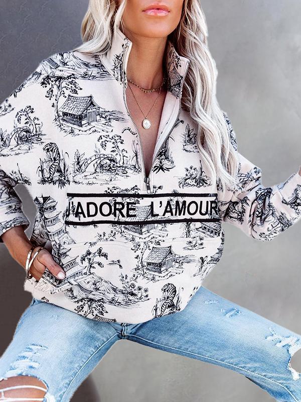 Hoodies Landscape Letter Zipper Long Sleeve Hoodie - LuckyFash™