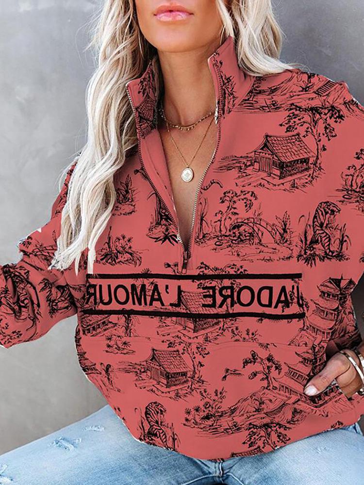 Hoodies Landscape Letter Zipper Long Sleeve Hoodie - LuckyFash™