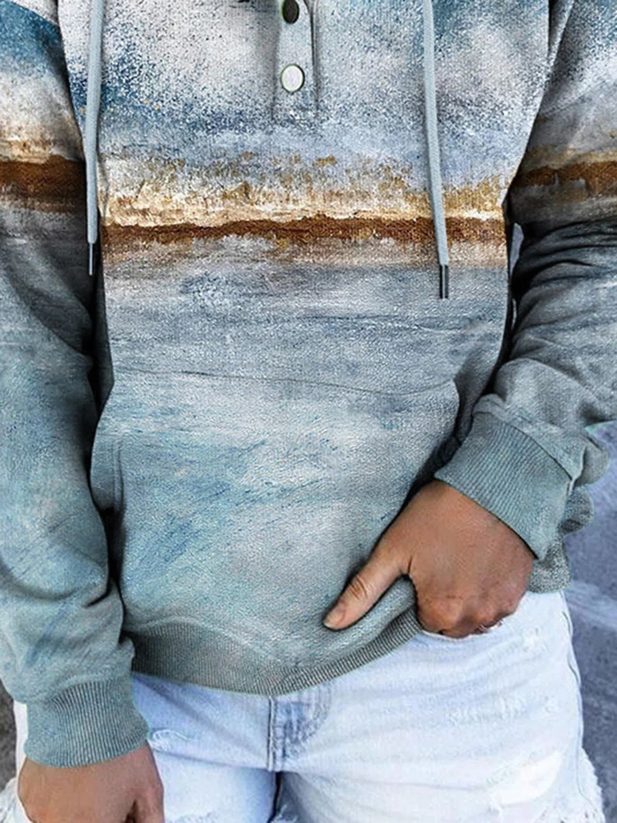 Hoodies Landscape Print Button Drawstring Hoodie - LuckyFash™