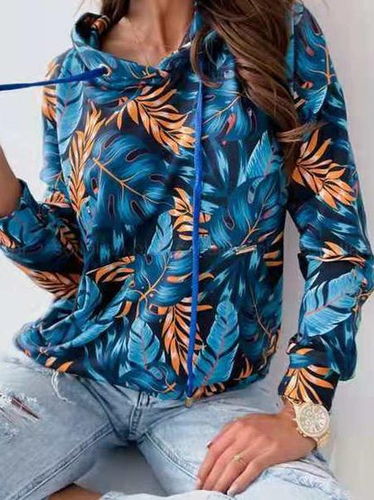 Women's Hoodies Leaf Print Pocket Drawstring Long Sleeve Hoodie - LuckyFash™