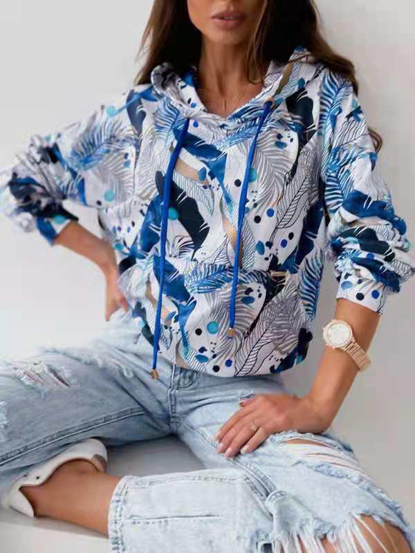 Women's Hoodies Leaf Print Pocket Drawstring Long Sleeve Hoodie - LuckyFash™