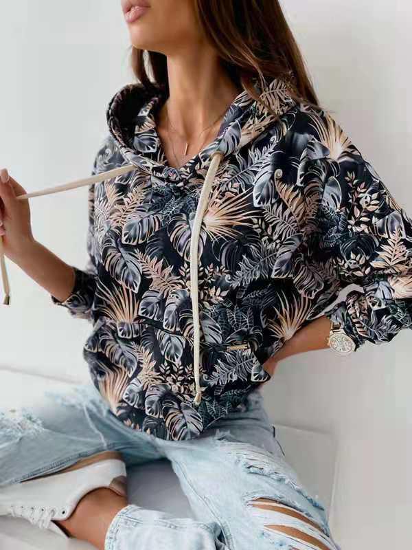 Women's Hoodies Leaf Print Pocket Drawstring Long Sleeve Hoodie - LuckyFash™