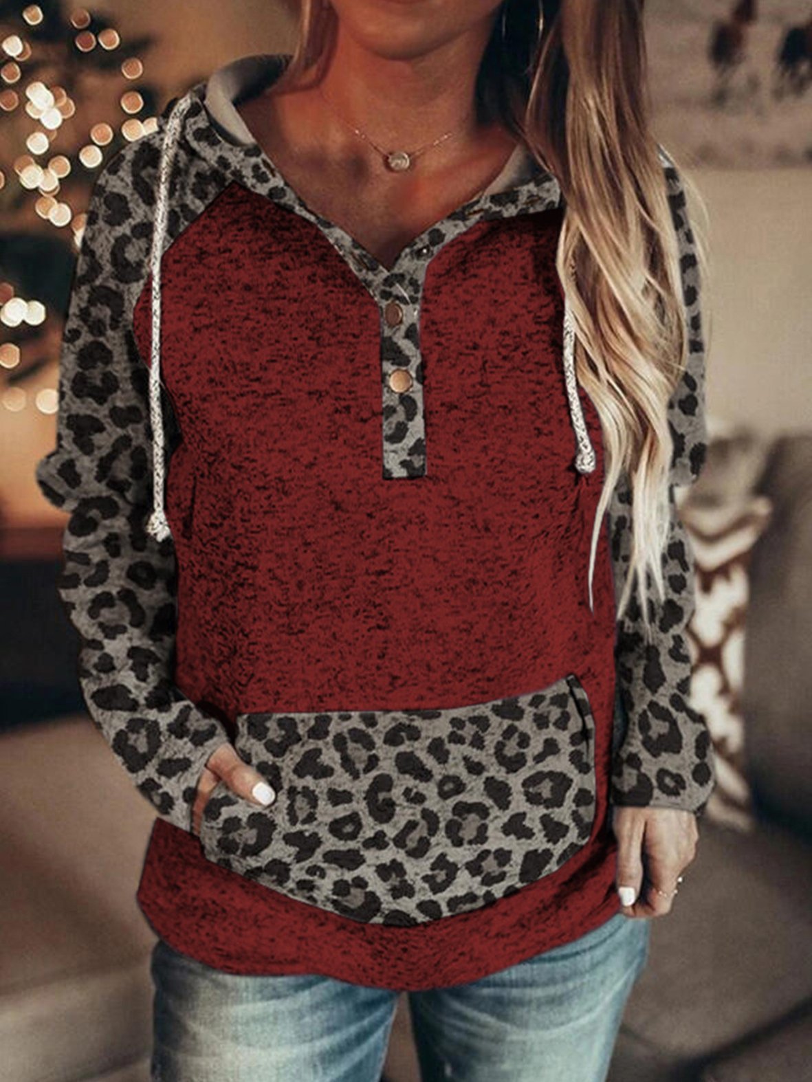 Women's Hoodies Leopard Button Pocket Drawstring Hoody - LuckyFash™