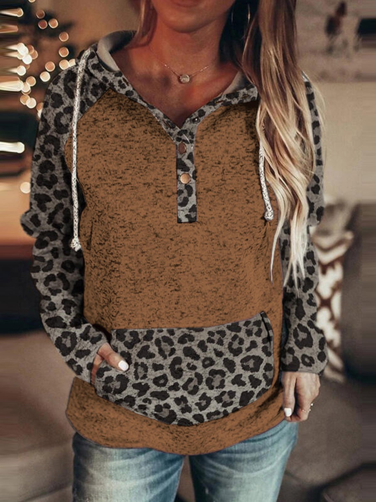 Women's Hoodies Leopard Button Pocket Drawstring Hoody - LuckyFash™
