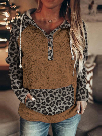 Women's Hoodies Leopard Button Pocket Drawstring Hoody - LuckyFash™