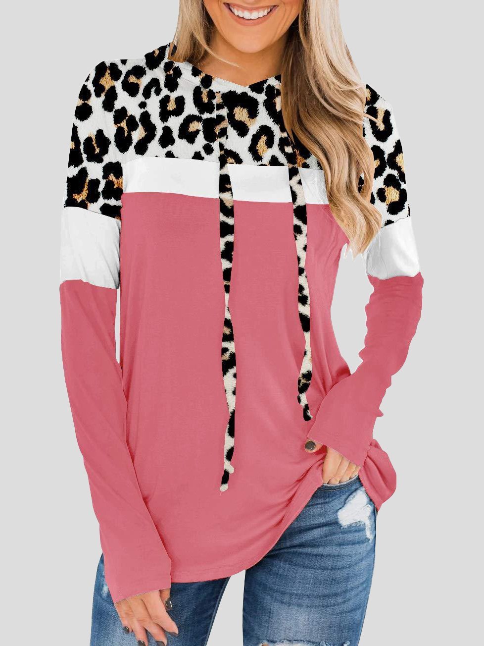 Hoodies Leopard Panel Long Sleeve Hoodie - LuckyFash™