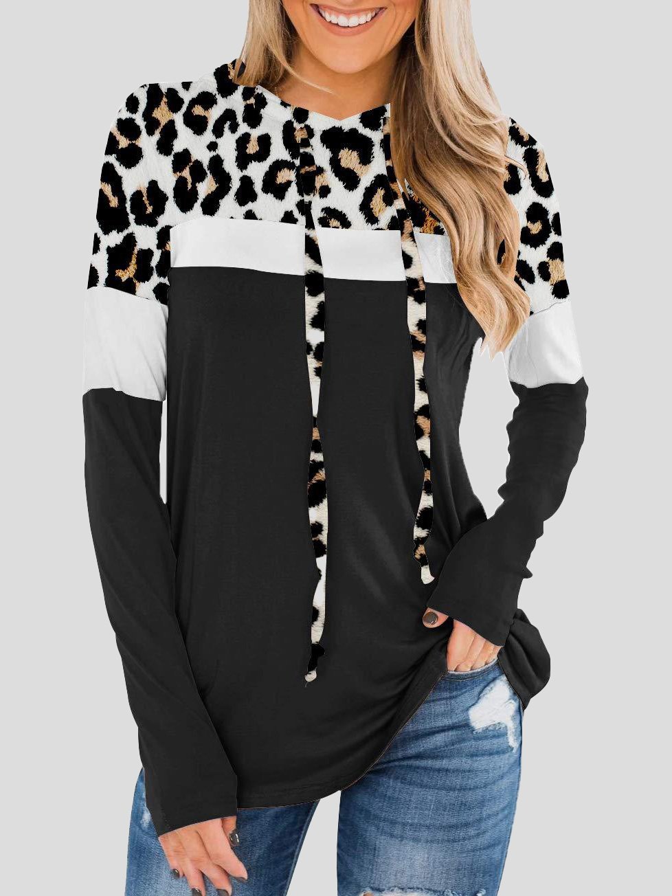Hoodies Leopard Panel Long Sleeve Hoodie - LuckyFash™