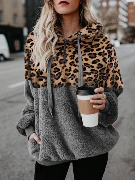 Hoodies Leopard Print Zip Pocket Long Sleeve Hoody - LuckyFash™