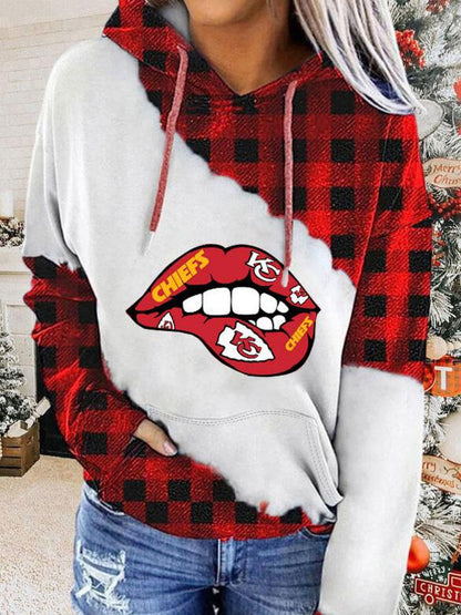 Women's Hoodies Lip Check Print Contrast Pocket Hoodie - LuckyFash™