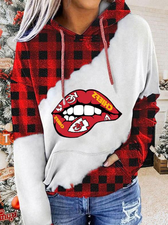 Women's Hoodies Lip Check Print Contrast Pocket Hoodie - LuckyFash™