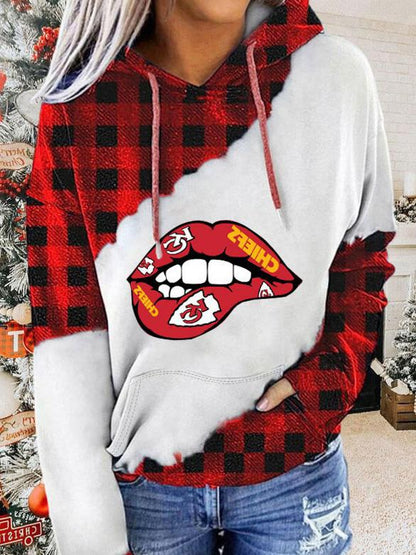 Women's Hoodies Lip Check Print Contrast Pocket Hoodie - LuckyFash™