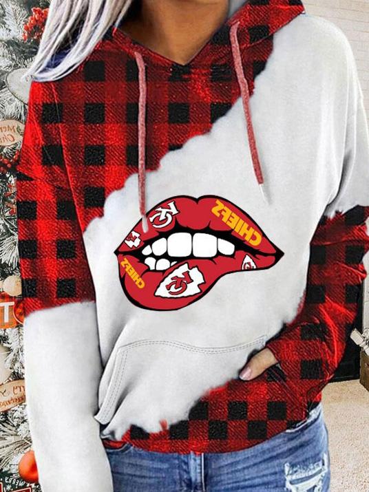 Women's Hoodies Lip Check Print Contrast Pocket Hoodie - LuckyFash™