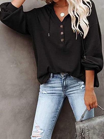 Women's Hoodies Long Sleeve V-Neck Drawstring Button Sports Hoodie - LuckyFash™