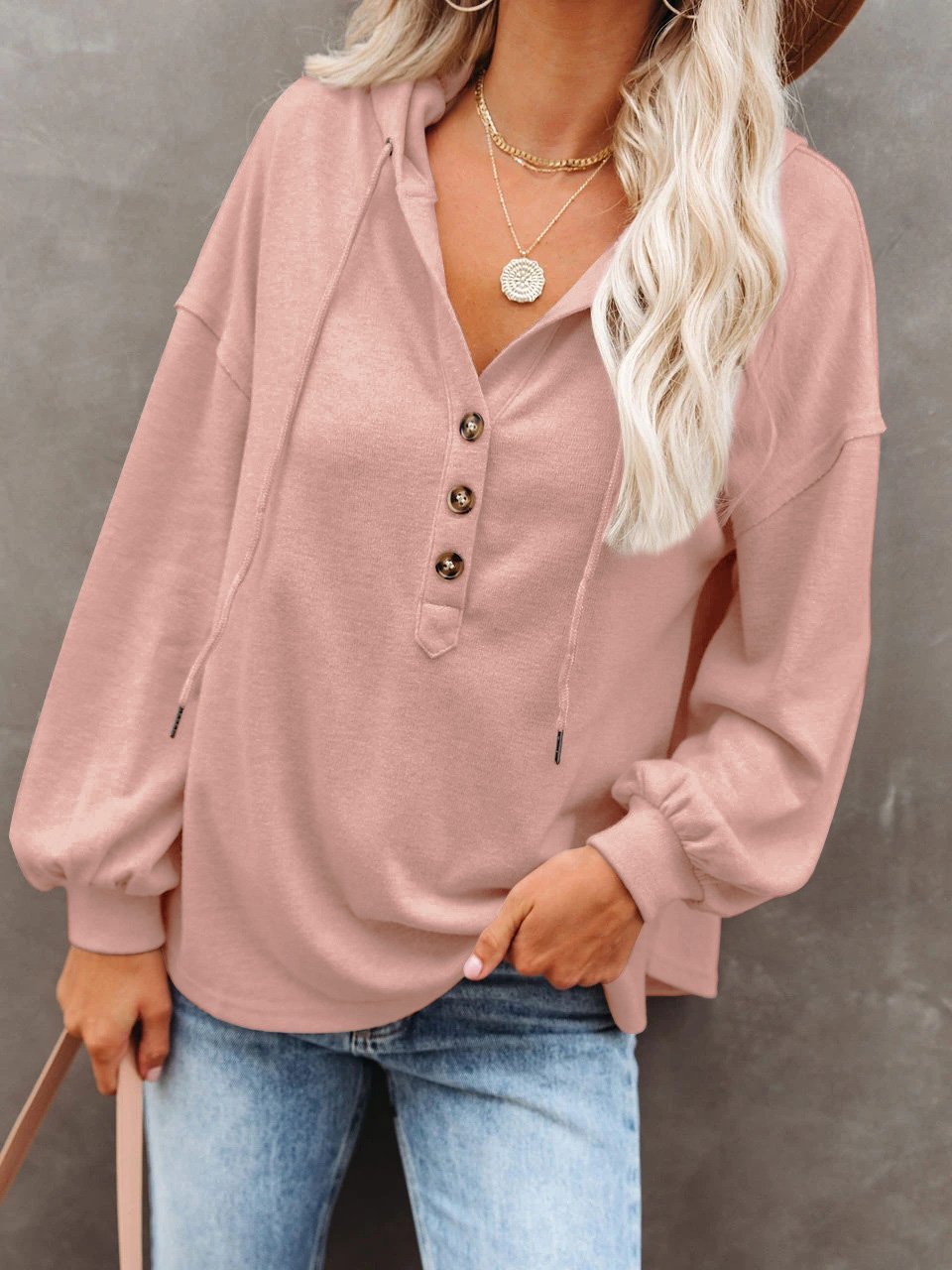 Women's Hoodies Long Sleeve V-Neck Drawstring Button Sports Hoodie - LuckyFash™