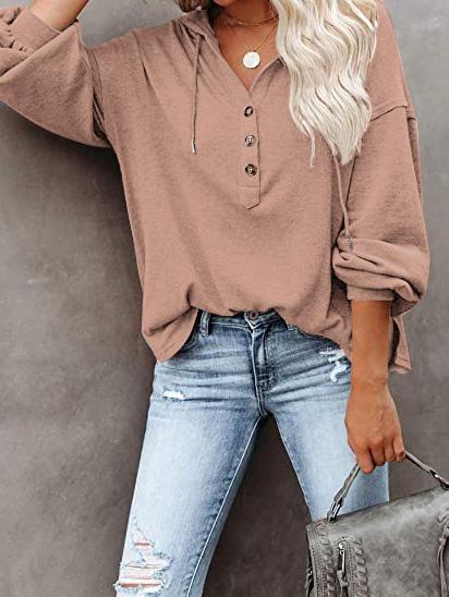 Women's Hoodies Long Sleeve V-Neck Drawstring Button Sports Hoodie - LuckyFash™