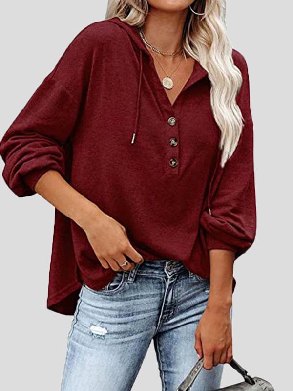 Women's Hoodies Long Sleeve V-Neck Drawstring Button Sports Hoodie - LuckyFash™