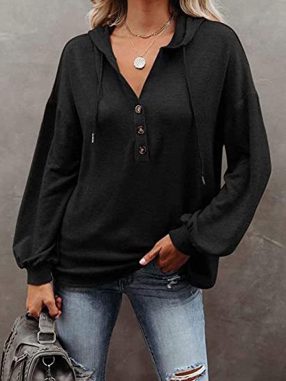 Women's Hoodies Long Sleeve V-Neck Drawstring Button Sports Hoodie - LuckyFash™