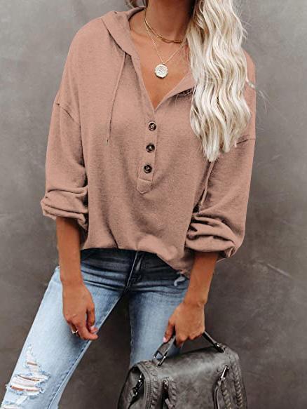 Women's Hoodies Long Sleeve V-Neck Drawstring Button Sports Hoodie - LuckyFash™