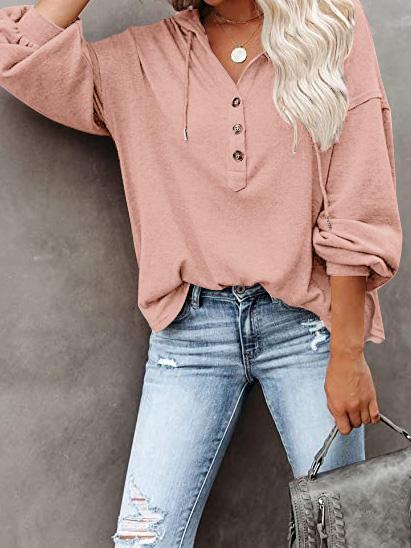 Women's Hoodies Long Sleeve V-Neck Drawstring Button Sports Hoodie - LuckyFash™