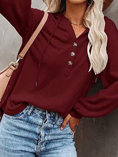 Women's Hoodies Long Sleeve V-Neck Drawstring Button Sports Hoodie - LuckyFash™