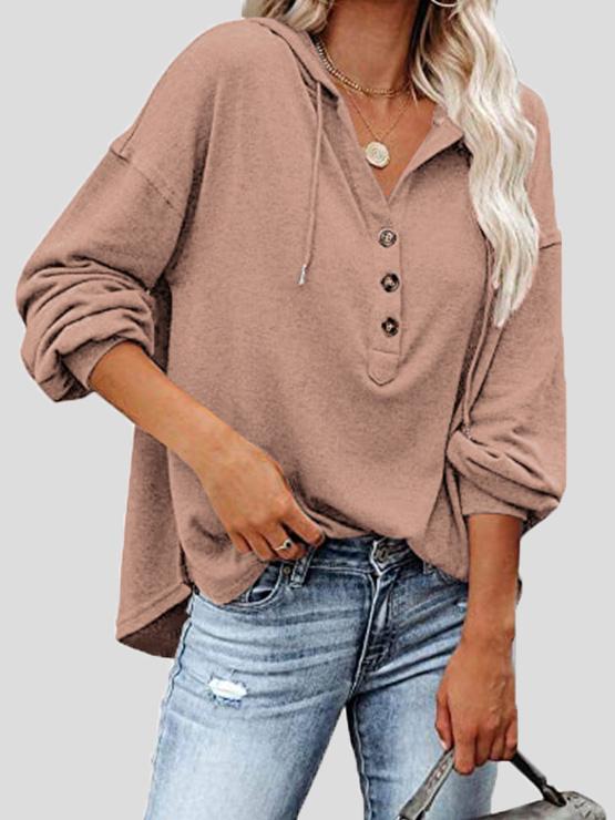 Women's Hoodies Long Sleeve V-Neck Drawstring Button Sports Hoodie - LuckyFash™