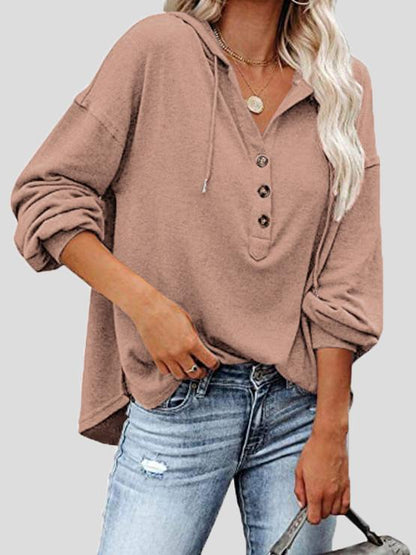 Women's Hoodies Long Sleeve V-Neck Drawstring Button Sports Hoodie - LuckyFash™