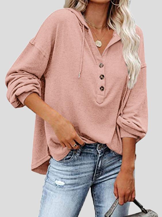 Women's Hoodies Long Sleeve V-Neck Drawstring Button Sports Hoodie - LuckyFash™