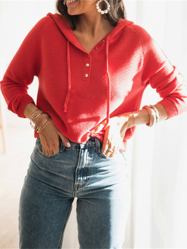 Women's Hoodies Loose Solid Button Knitted Hoodie - LuckyFash™