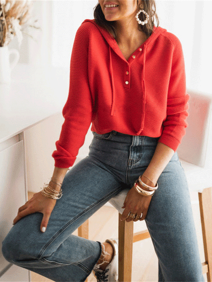 Women's Hoodies Loose Solid Button Knitted Hoodie - LuckyFash™