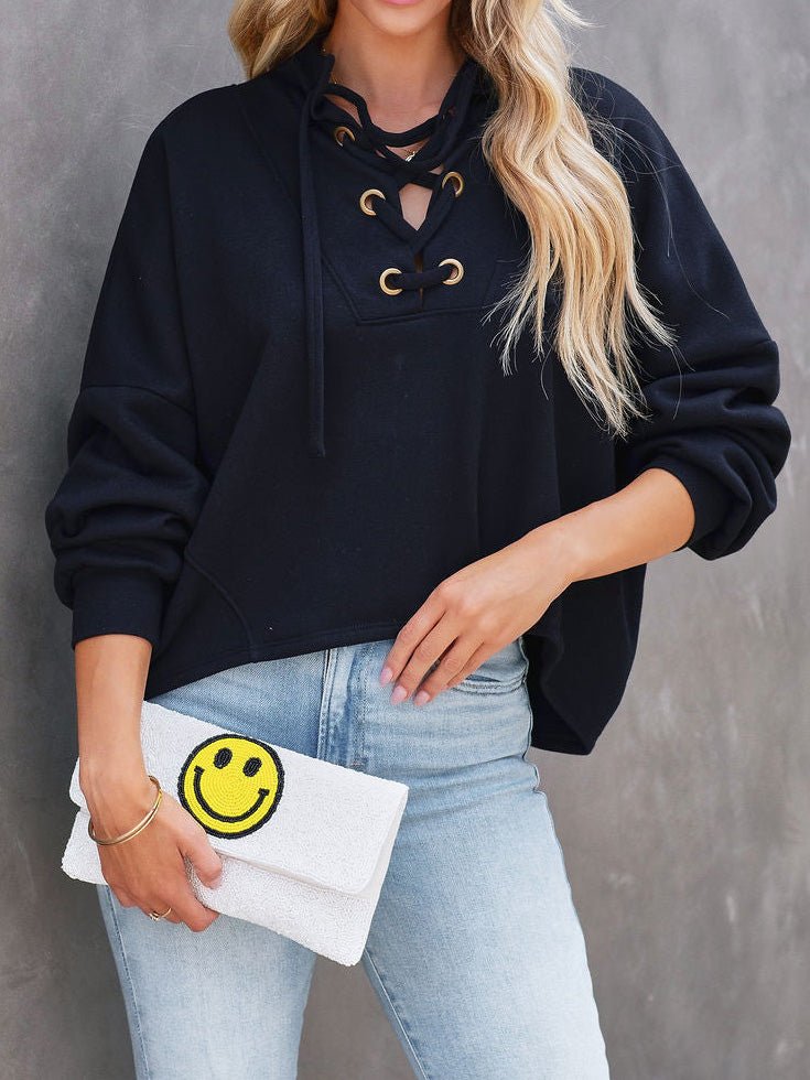 Women's Hoodies Loose Solid Straps Long Sleeve Sweatshirt - LuckyFash™