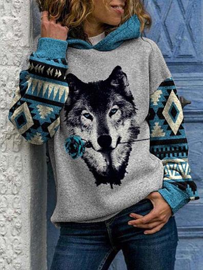 Hoodies Loose Wolf Head Print Long Sleeve Hoodies - LuckyFash™