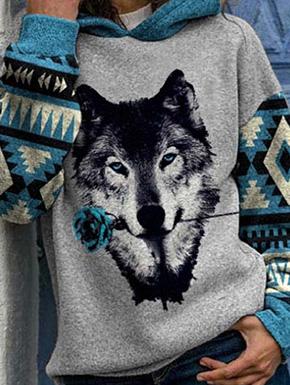 Hoodies Loose Wolf Head Print Long Sleeve Hoodies - LuckyFash™