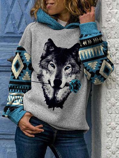 Hoodies Loose Wolf Head Print Long Sleeve Hoodies - LuckyFash™