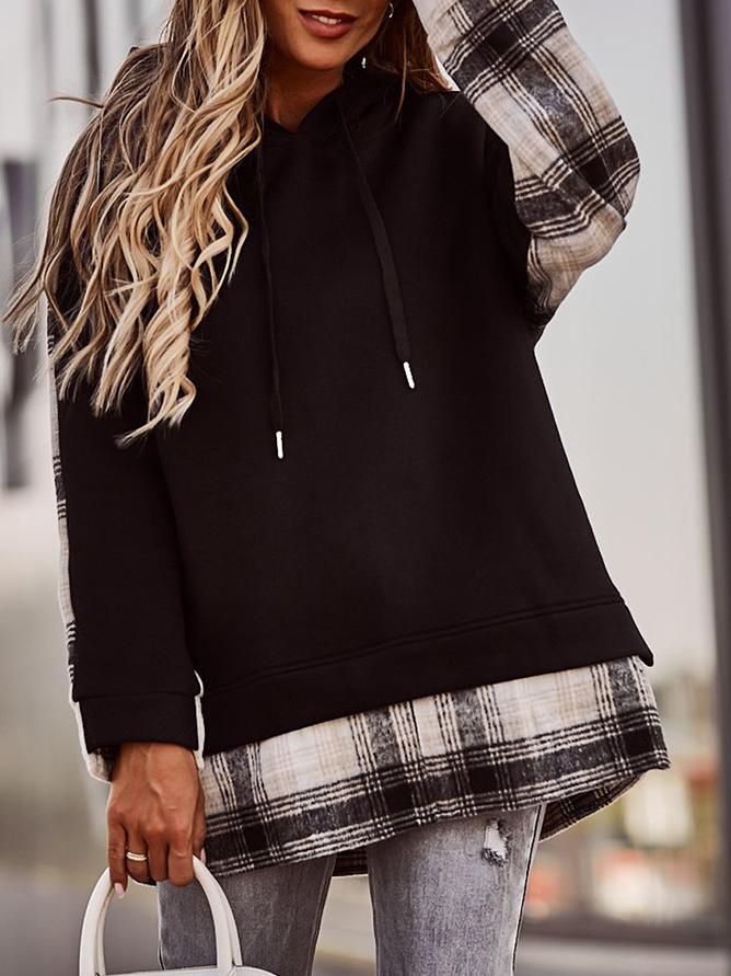 Women's Hoodies Plaid Paneled Pullover Long Sleeve Hoody - LuckyFash™